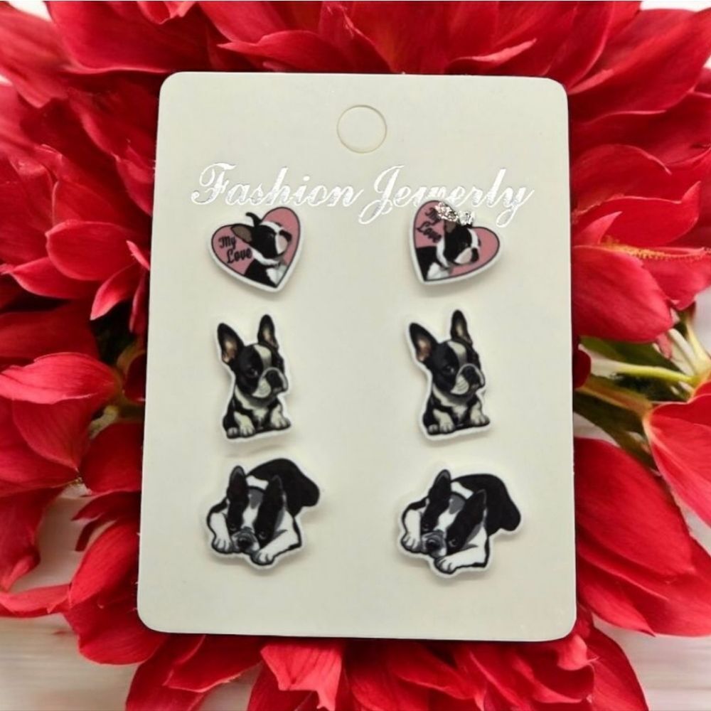 3-Pair Boston Terrier French Bulldog Earrings | Dog Mom Acrylic Stud Jewelry NWT